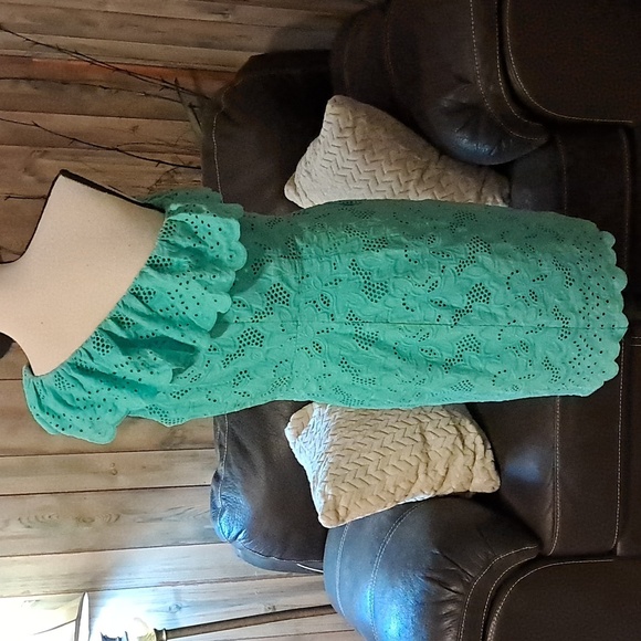 Eliza J Teal One Shoulder Ruffled Eyelet Sheath Midi Dress With Pockets, Size 6 - Picture 6 of 10